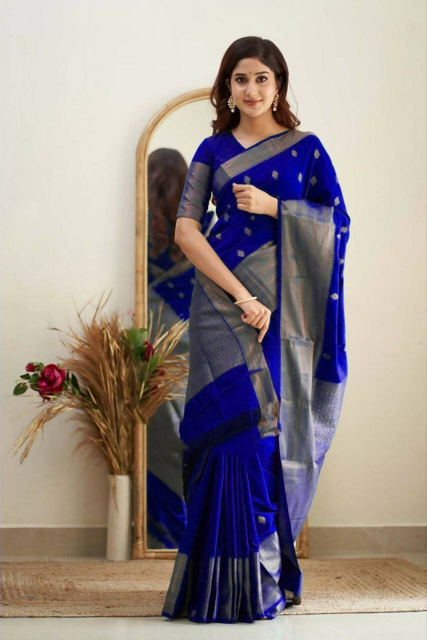DEIANA'S Beautiful Designer Golden zari Soft Lichi Silk Saree - Royal Blue | Grocsy