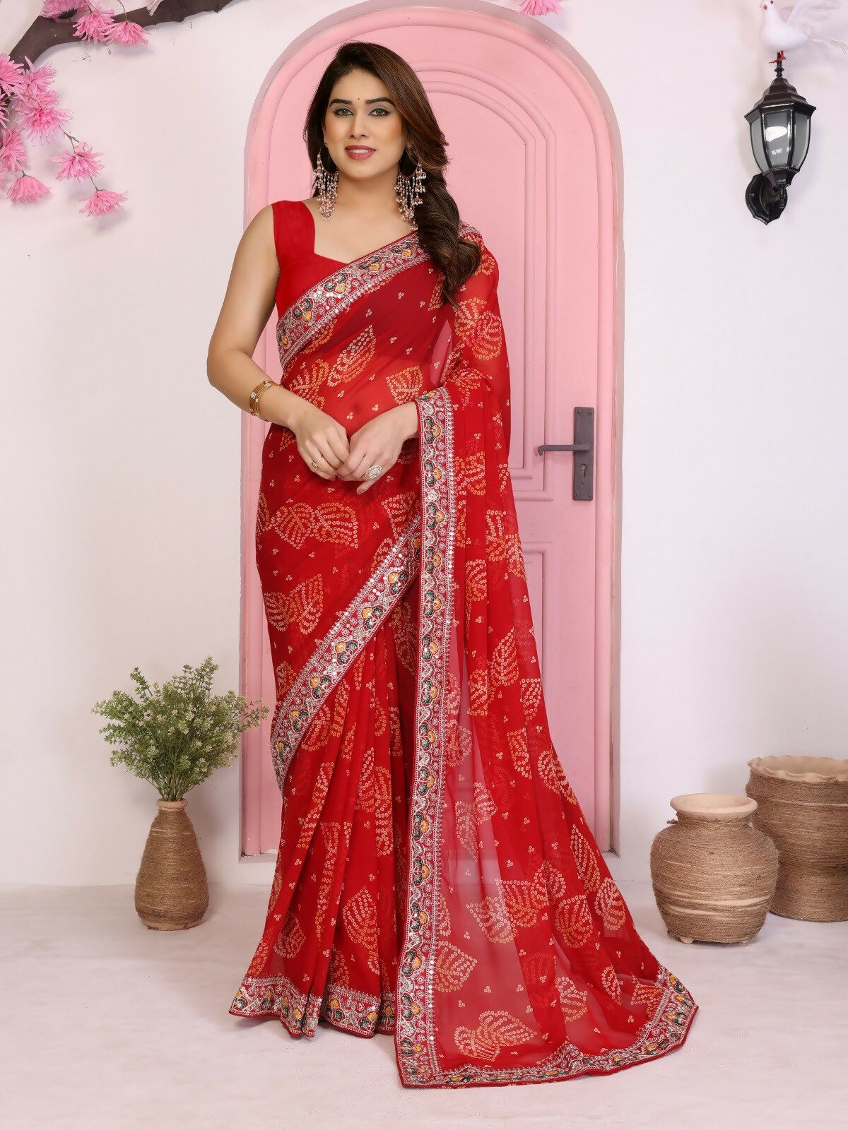 Ai Fashion Red Georgette Rajwadi Bandhani Print Party Wear Saree | Grocsy