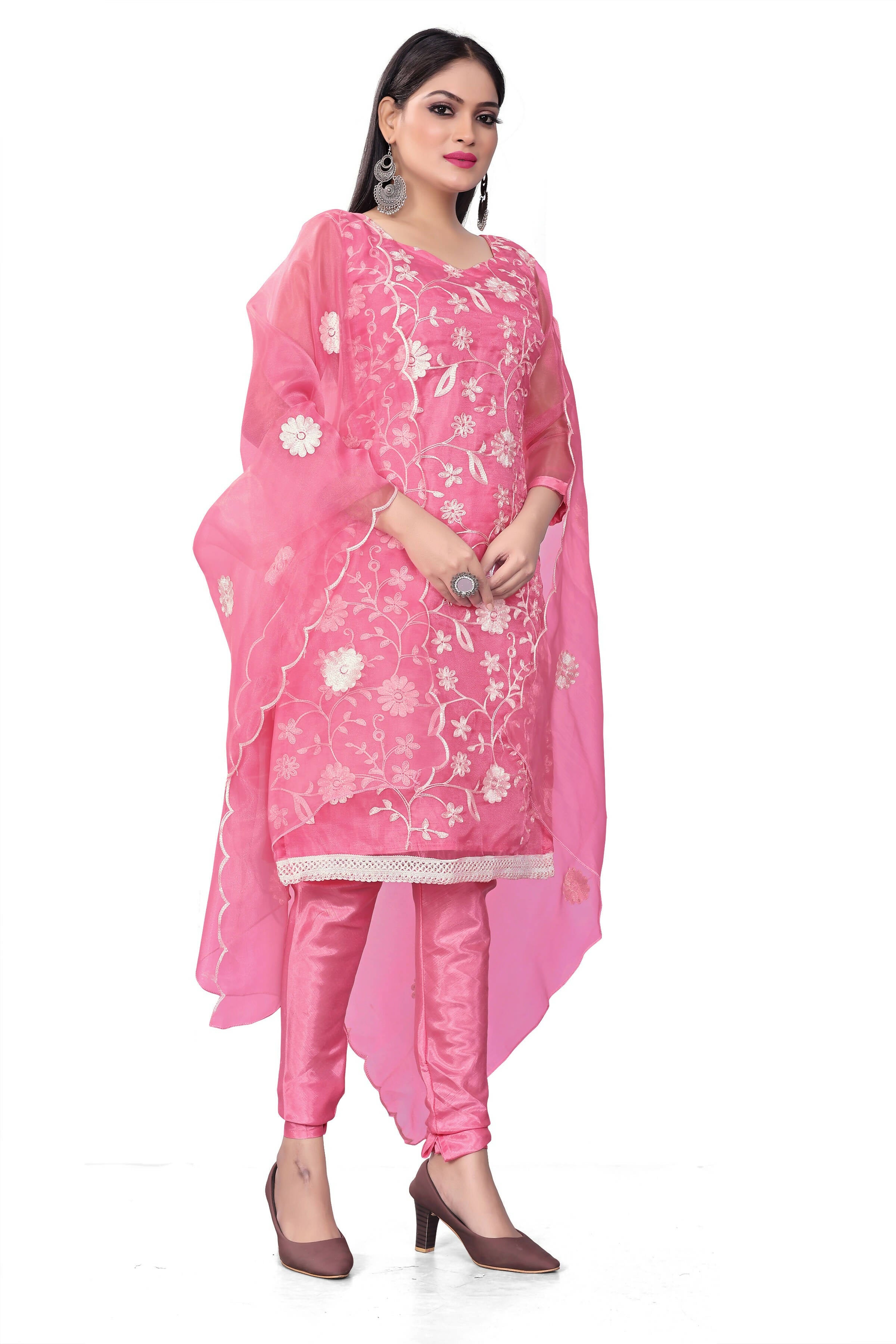 Pink Organza Silk Embroidered Work Unstitched Dress Material - Tanvi | Grocsy