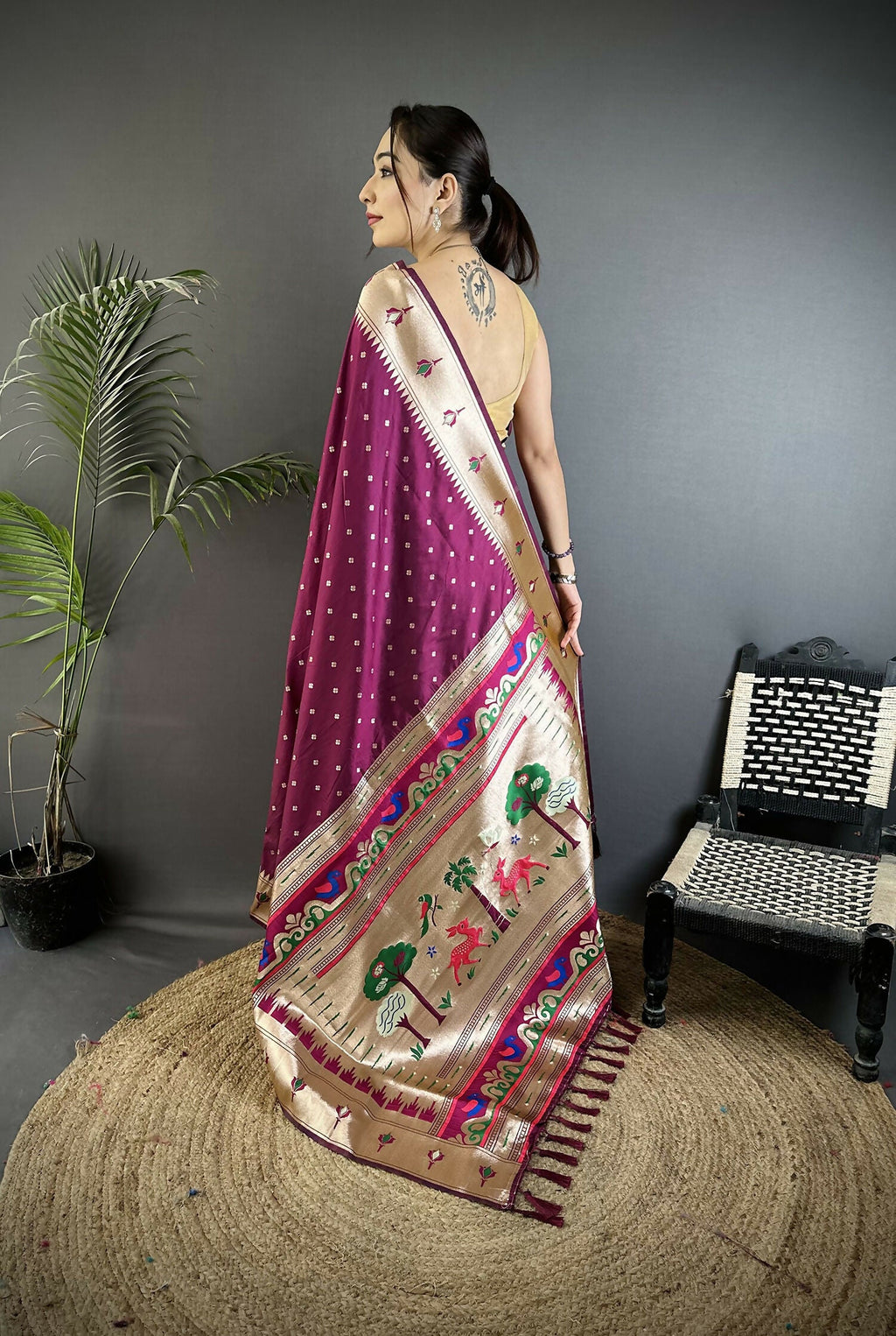 Joban Fashion Wine Peacock & Floral Motifs Soft Lichi Silk Kanchipuram Saree | Grocsy