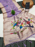 Vastranavya Lavender Muga Cotton Meenakari & Munia Weaving Pallu Saree with Contrast Blouse | Grocsy