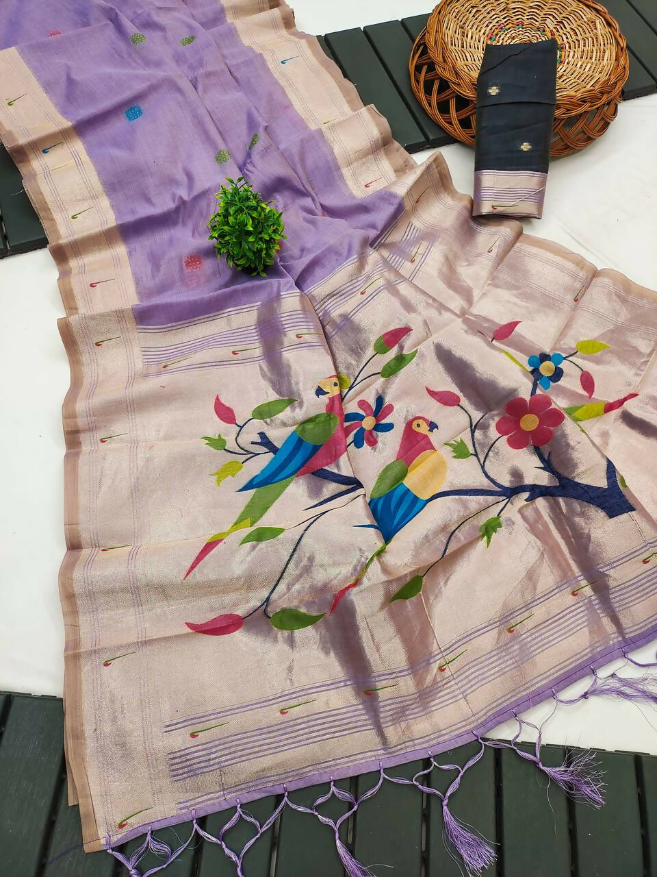 Vastranavya Lavender Muga Cotton Meenakari & Munia Weaving Pallu Saree with Contrast Blouse | Grocsy