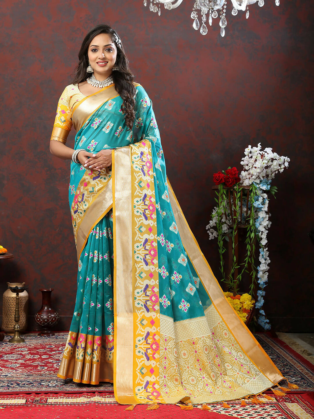 Lorenvalley Fashion Teal Organza Silk Woven Design with Meenakari Weaving Saree | Grocsy