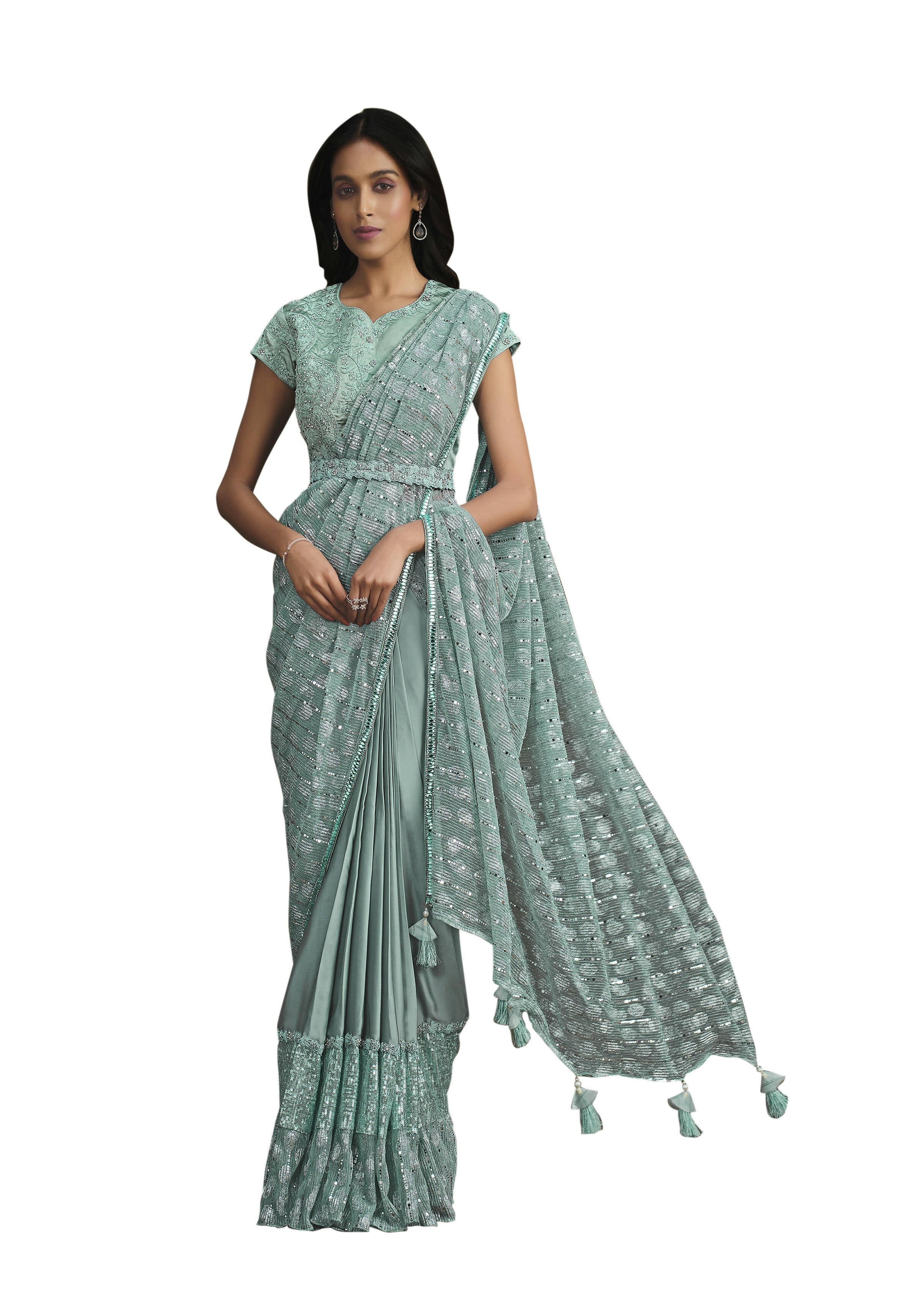 Light Blue Crepe Silk Sequence Embroidered With Texture Saree With Stitched Blouse - Mohmanthan La Belle | Grocsy