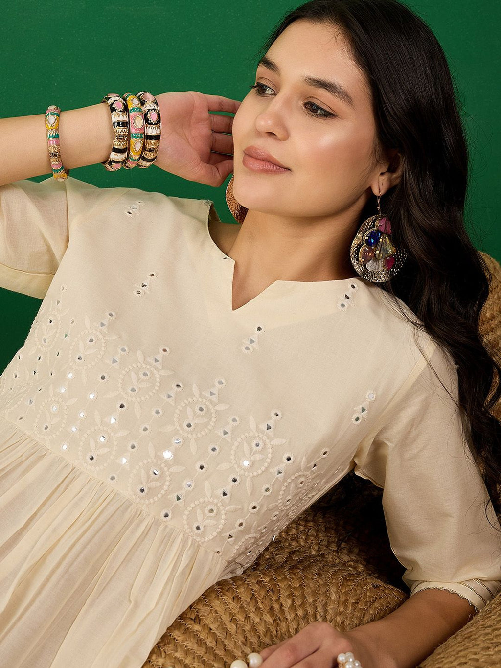Sangria Off White Floral Embroidered Mirror Work Pure Cotton Anarkali Kurta Set | Grocsy