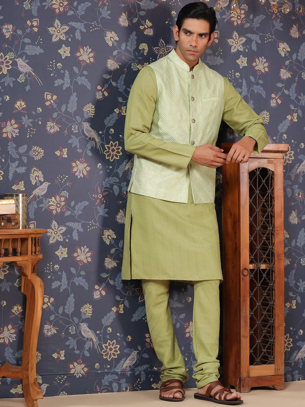 House of Pataudi Straight Kurta With Pyjamas & Embroidered Sequin Work Nehru Jacket | Grocsy