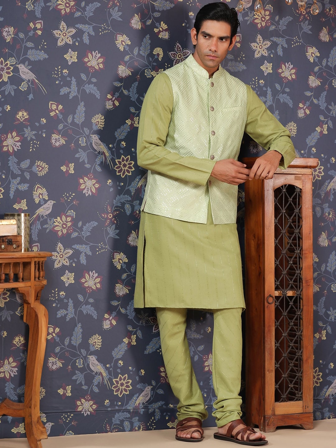 House of Pataudi Straight Kurta With Pyjamas & Embroidered Sequin Work Nehru Jacket | Grocsy