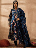 Indo Era Women Floral Printed Angrakha Beads and Stones Pure Cotton Kurta with Trousers & With Dupatta | Grocsy