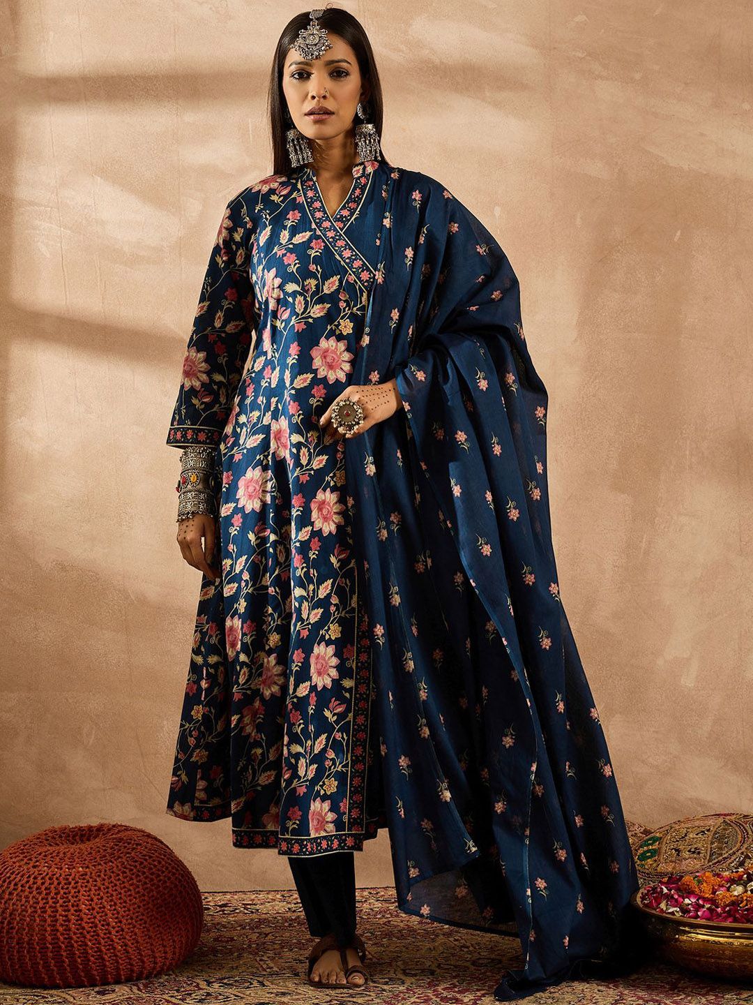 Indo Era Women Floral Printed Angrakha Beads and Stones Pure Cotton Kurta with Trousers & With Dupatta | Grocsy
