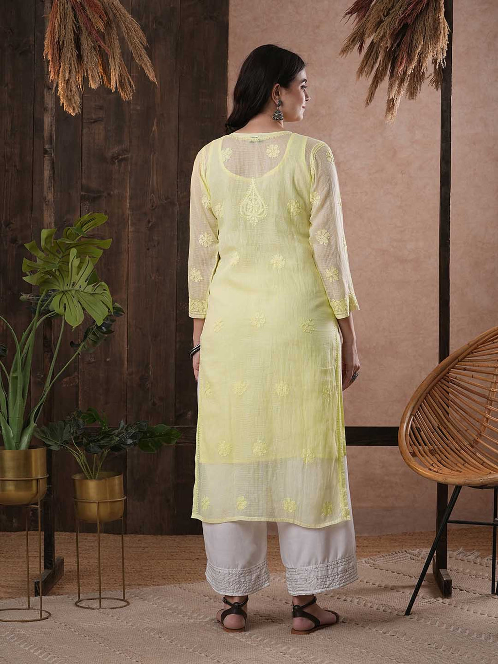 ADA Women Yellow & White Hand Embroidered Chikankari Sustainable Kota Handloom Kurta With Matching Slip | Grocsy