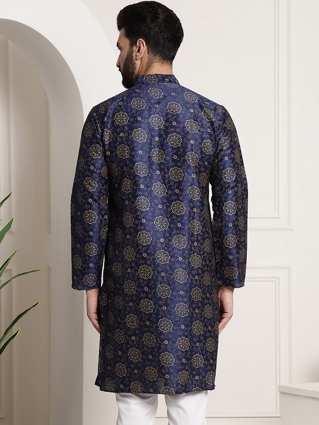 Sojanya Men Navy Blue & Golden Ethnic Motifs Printed Indigo Kurta | Grocsy