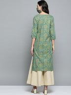 HERE&NOW Women Green & Golden Printed Straight Kurta | Grocsy