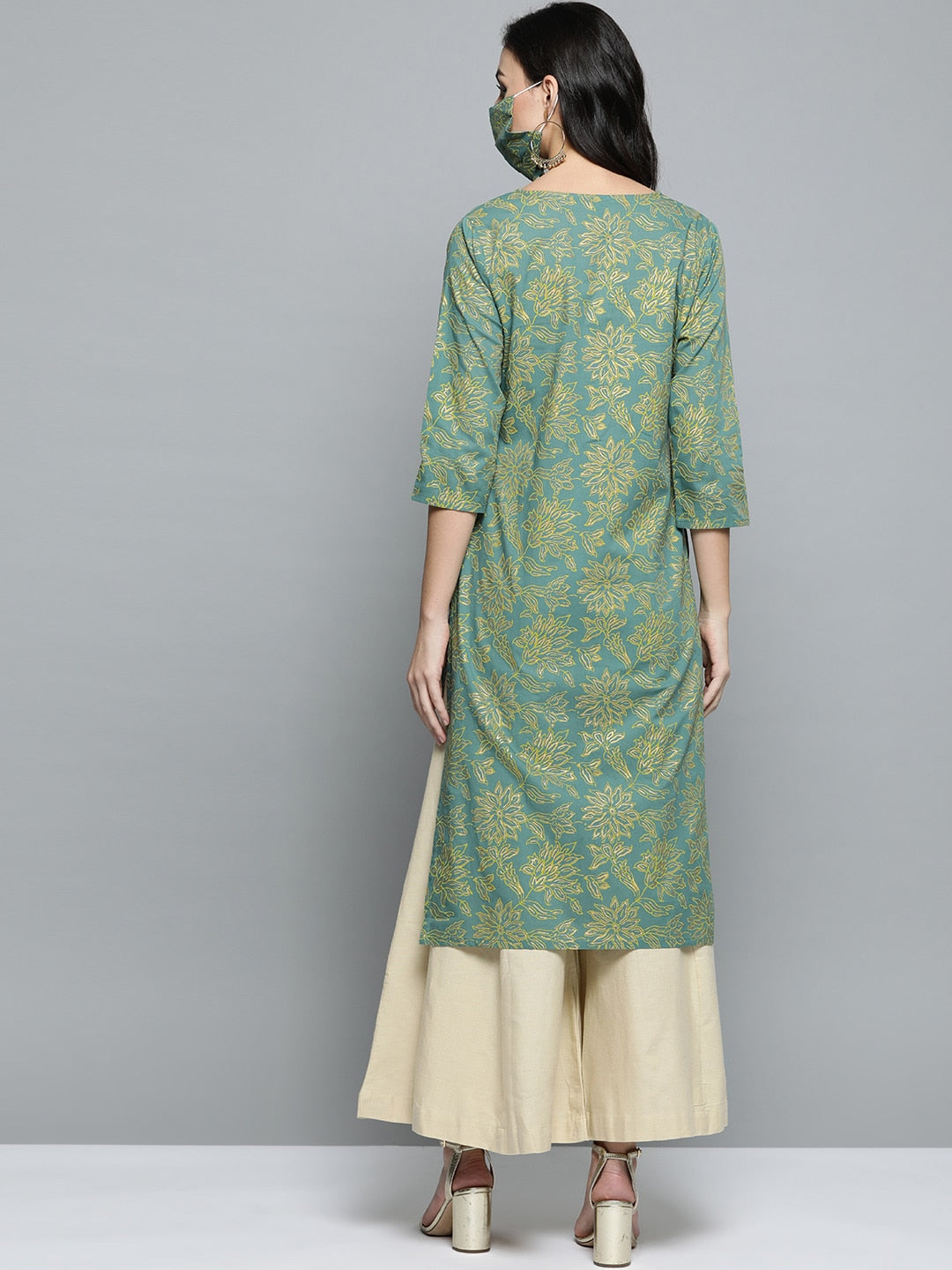 HERE&NOW Women Green & Golden Printed Straight Kurta | Grocsy