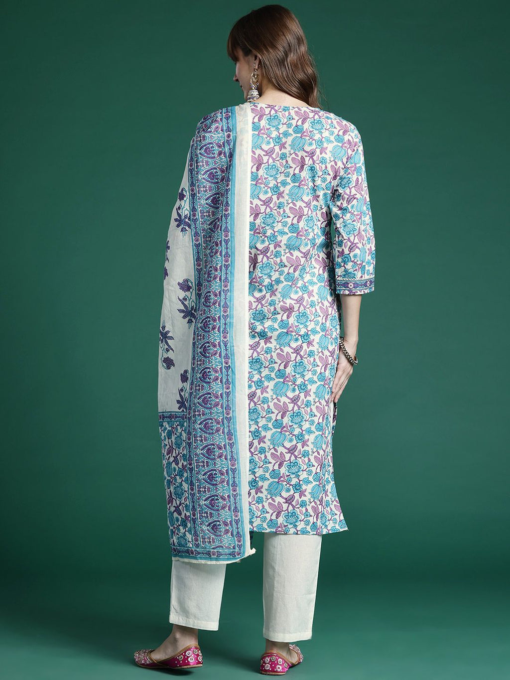 Indo Era Floral Printed Regular Pure Cotton Kurta with Trousers & Dupatta | Grocsy