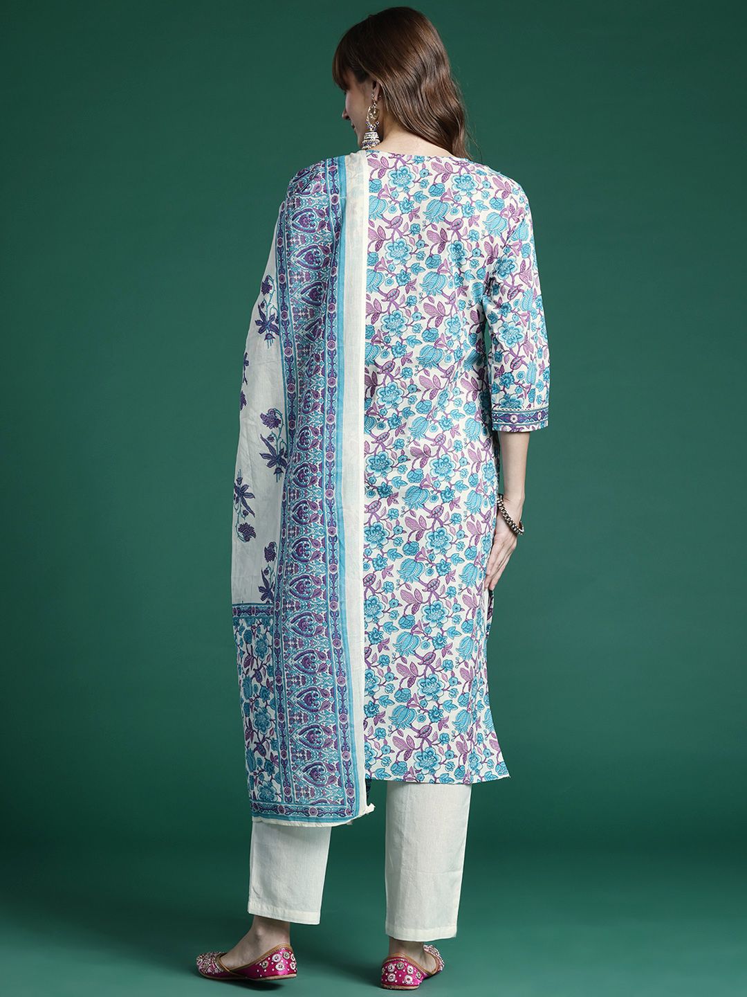 Indo Era Floral Printed Regular Pure Cotton Kurta with Trousers & Dupatta | Grocsy