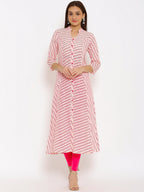 HERE&NOW Pink Mandarin Collar Striped A-Line Kurta | Grocsy