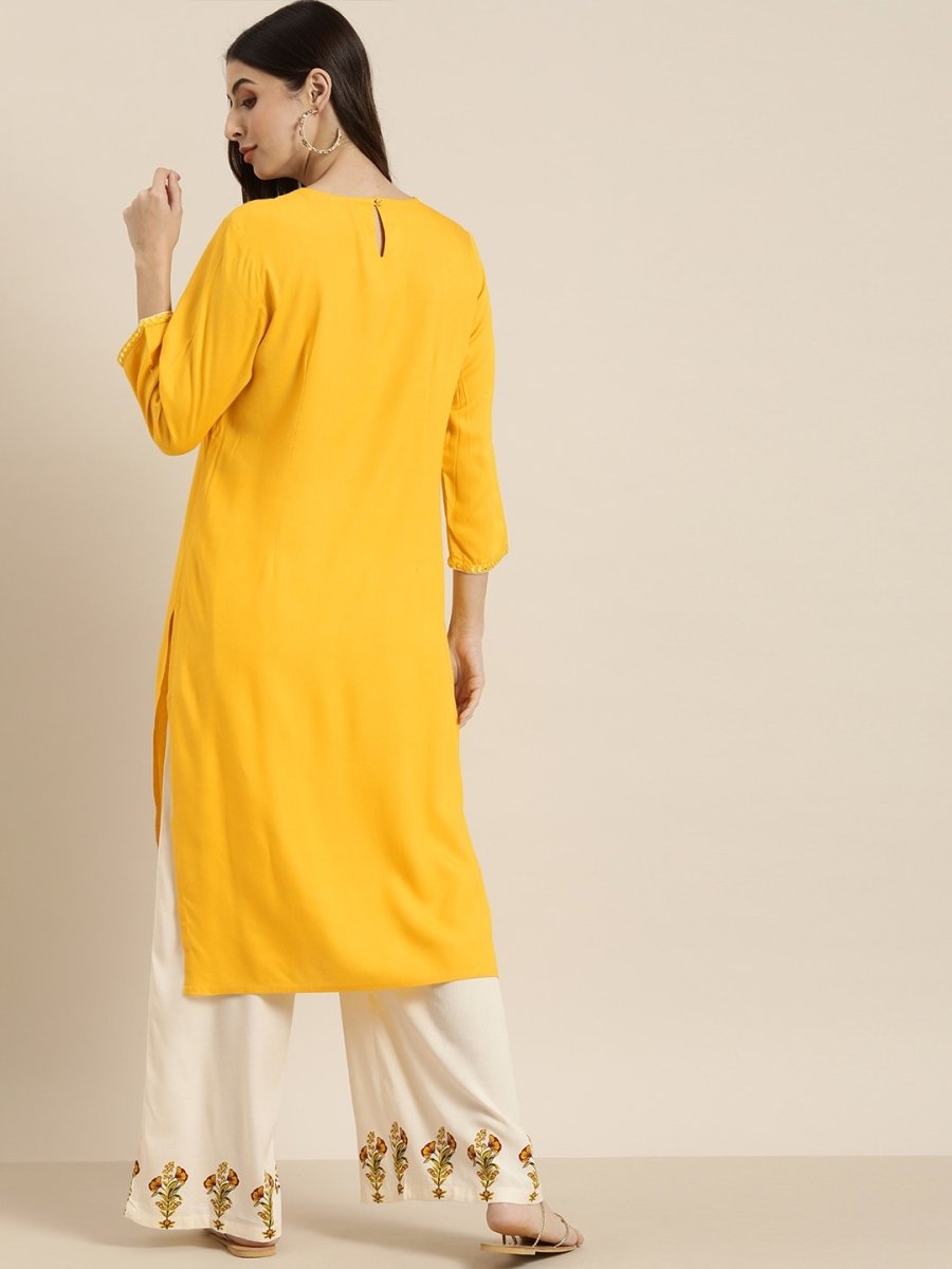 All About You Women Yellow & Beige Embroidered Kurta with Palazzos | Grocsy