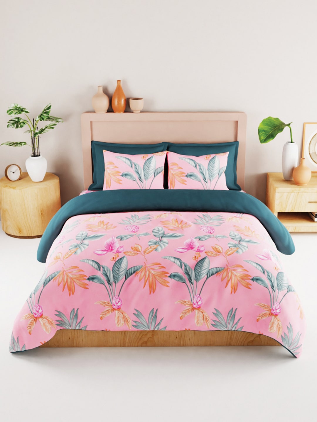 BIANCA Coral & Orange Floral 186 TC King Bedsheet with 2 Pillow Covers | Grocsy
