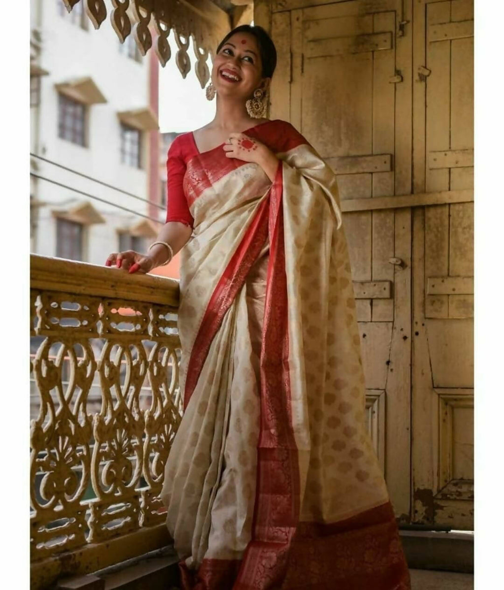 DEIANA'S Beautiful Designer Golden zari Soft Lichi Silk Saree - White | Grocsy