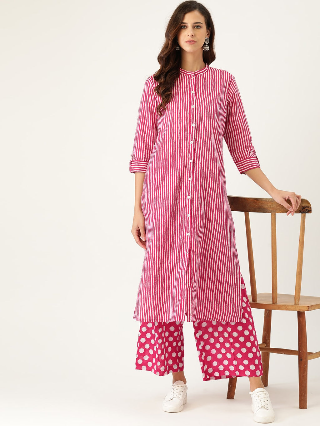 Sangria Women Pink Striped Pure Cotton Kurta with Palazzos | Grocsy