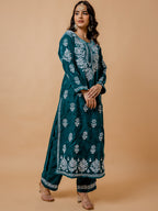 HOUSE OF KARI Ethnic Motifs Embroidered Chikankari Velvet Kurta With Trousers | Grocsy