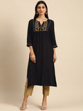 All About You Women Black Floral Yoke Design Embroidered Thread Work Straight Kurta | Grocsy