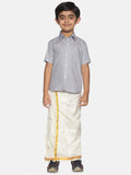 Sethukrishna Boys Grey & White Pure Cotton Shirt With Veshti Set | Grocsy