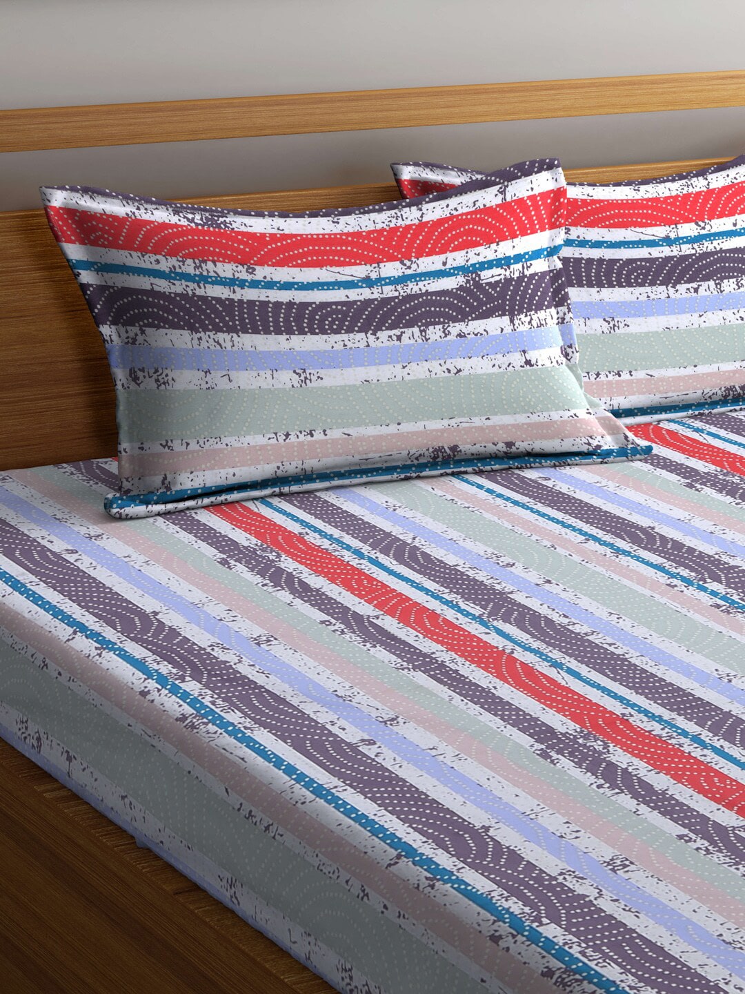 BOMBAY DYEING Red & Blue Striped Cotton 120 TC King Bedsheet with 2 Pillow Covers | Grocsy
