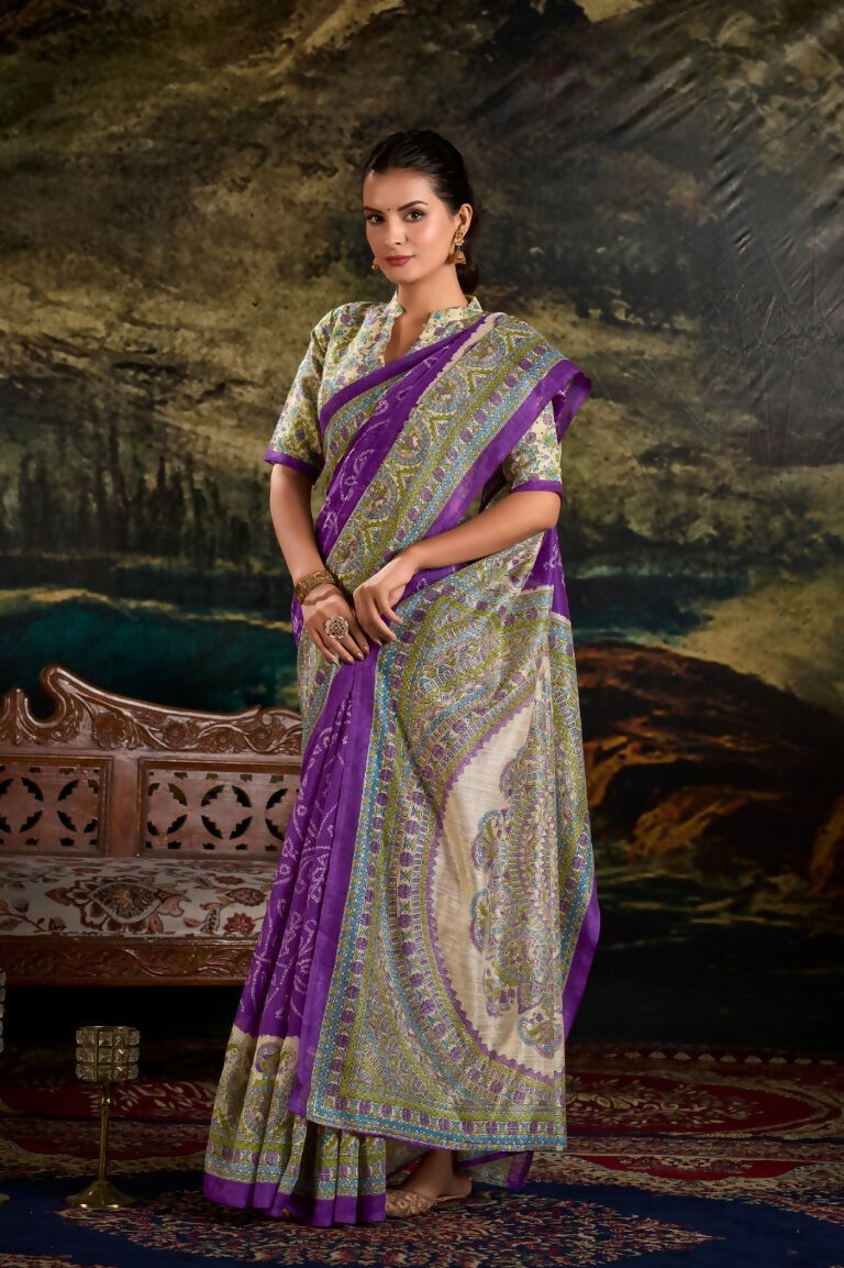 Vastranavya Purple Silk Madhubani & Bandhej Fusion Print Saree with Unstitched Blouse | Grocsy