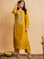 HOUSE OF KARI Floral Embroidered Silk Chikankari Kurta | Grocsy