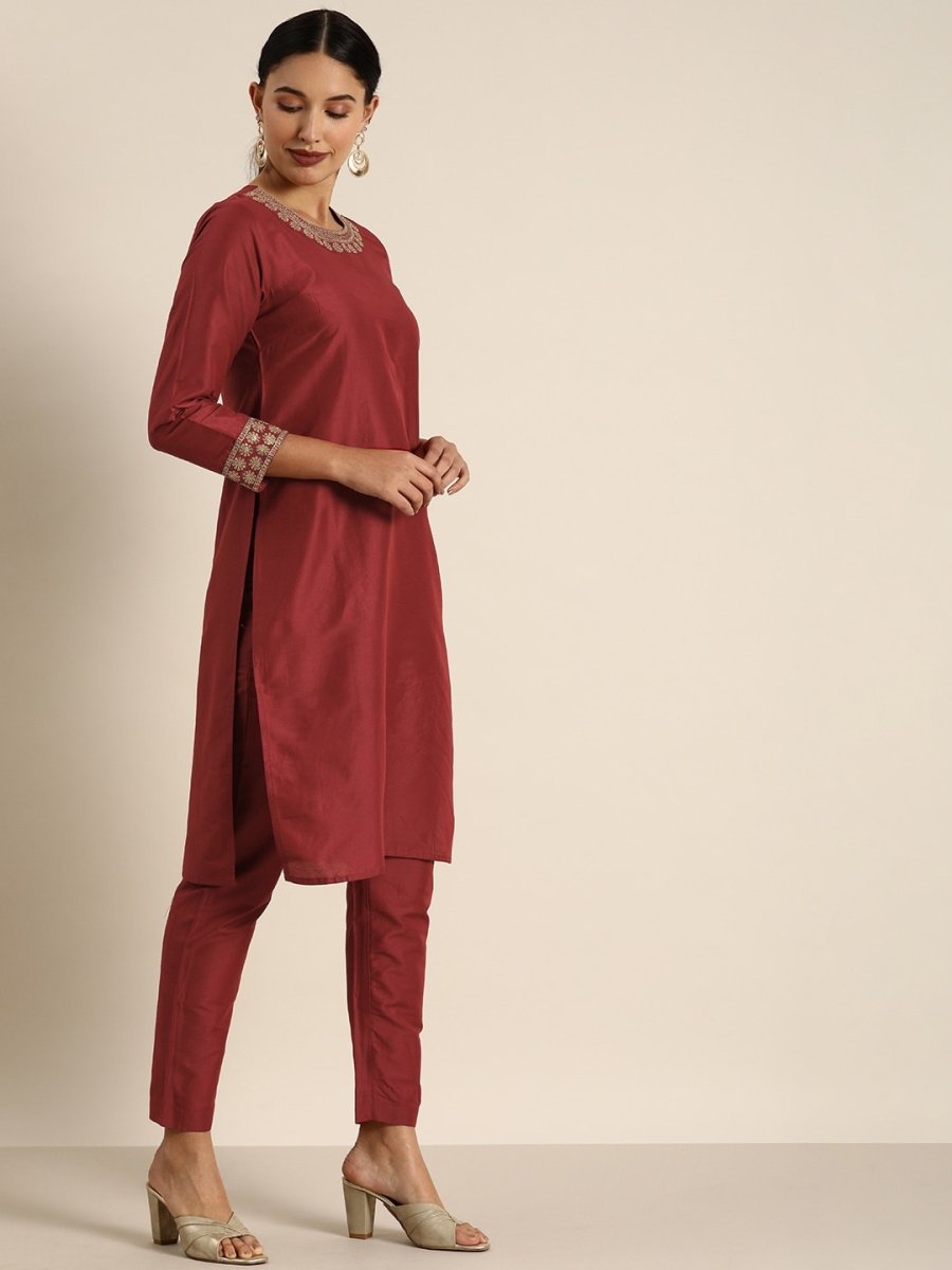 All About You Women Maroon & Golden Satin Finish Kurta with Trousers & With Dupatta | Grocsy