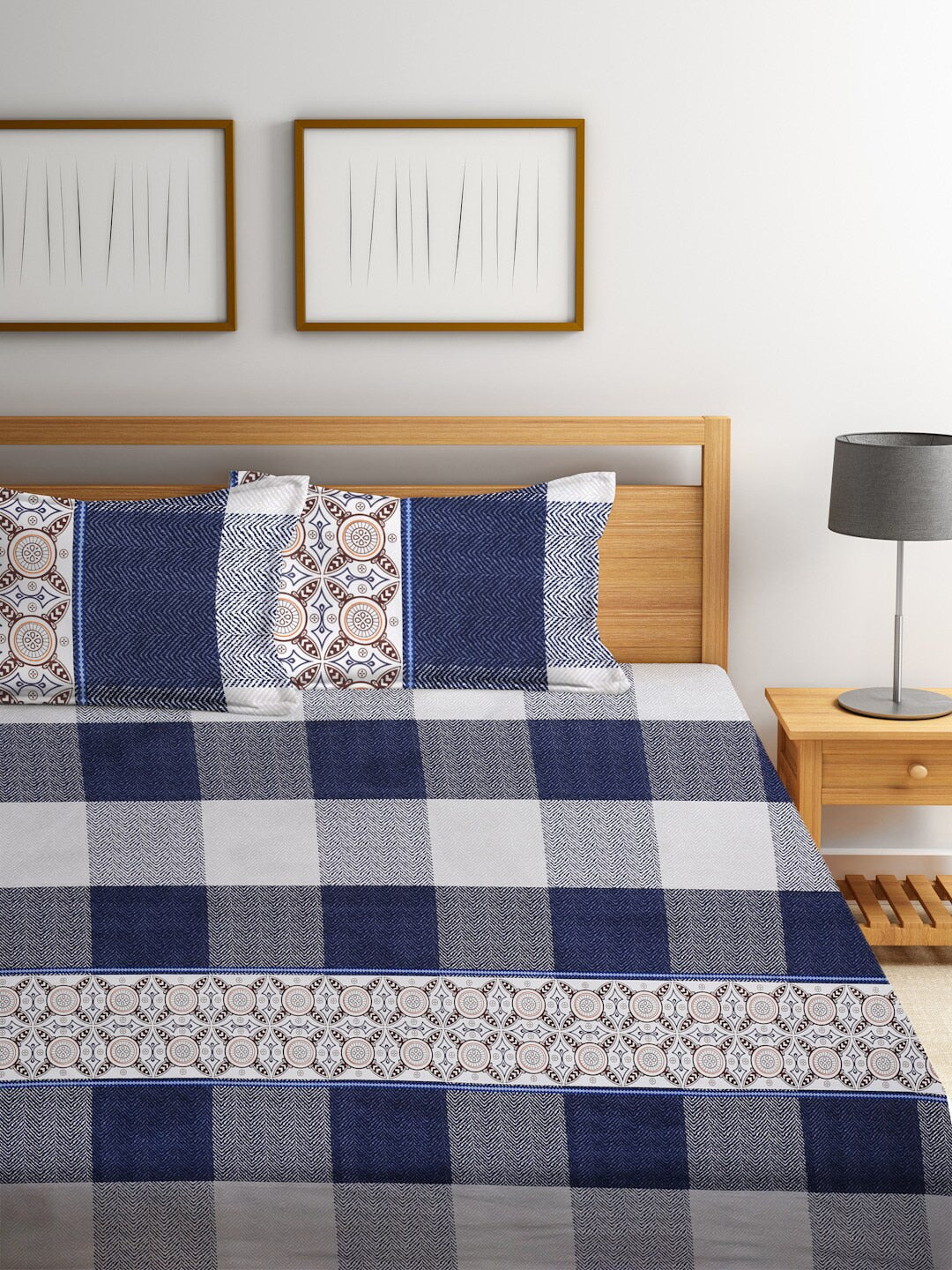 Home Sizzler Blue & White 210 TC Queen Geometric Cotton Bedsheet with 2 Pillow Covers | Grocsy