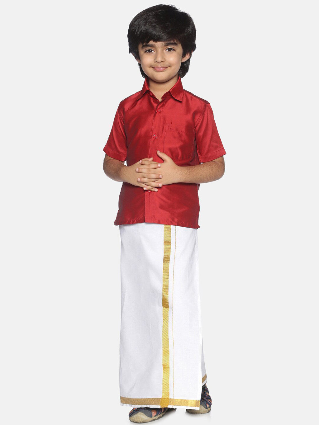 Sethukrishna Boys Red & White Shirt With Veshti Set | Grocsy