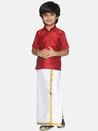 Sethukrishna Boys Red & White Shirt With Veshti Set | Grocsy