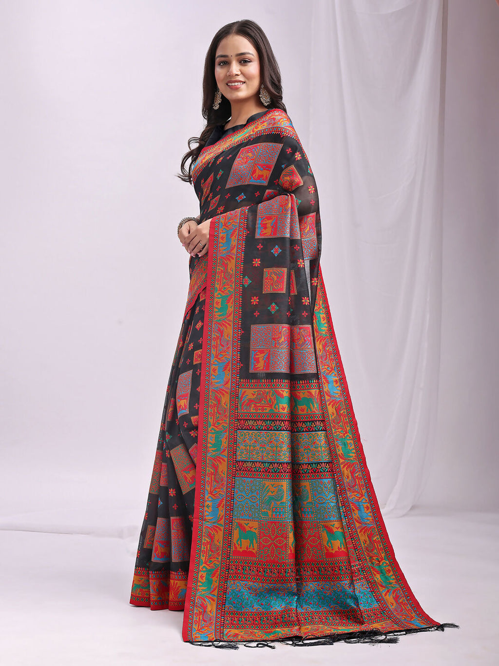 Shree Shyam Fashion Vastraloom Black Linen Cotton Saree | Grocsy