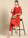 Sangria Women Red Ethnic Motifs Printed Kurta with Trousers | Grocsy
