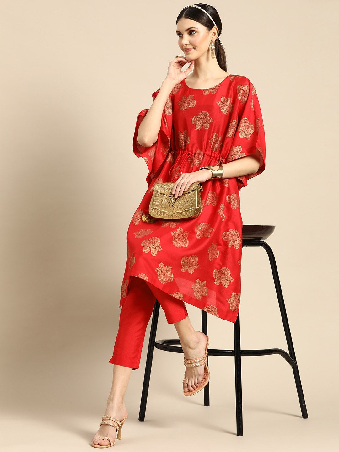 Sangria Women Red Ethnic Motifs Printed Kurta with Trousers | Grocsy