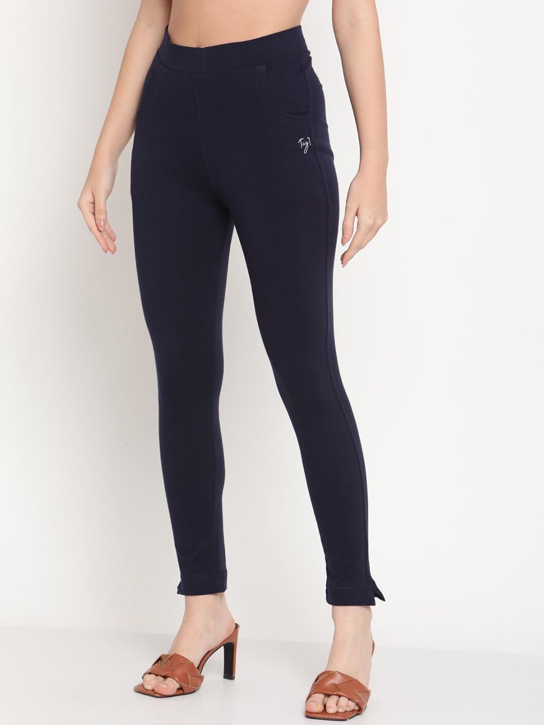 TAG 7 Women Navy Blue Solid Leggings | Grocsy