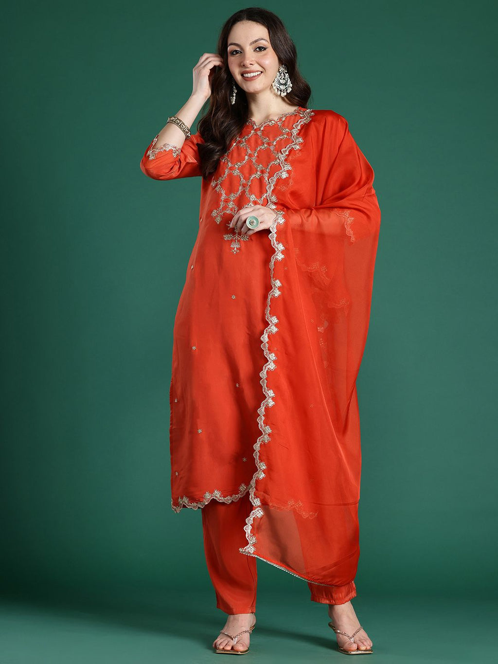 Indo Era Floral Embroidered Kurta with Trousers & With Dupatta | Grocsy