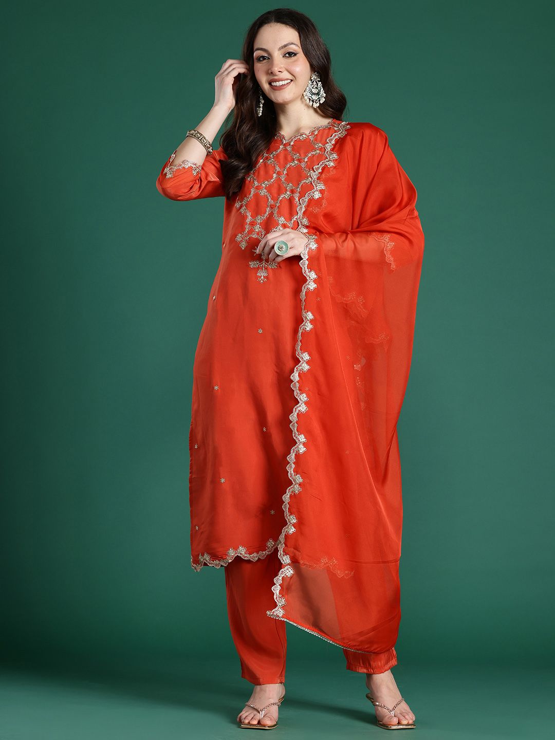 Indo Era Floral Embroidered Kurta with Trousers & With Dupatta | Grocsy