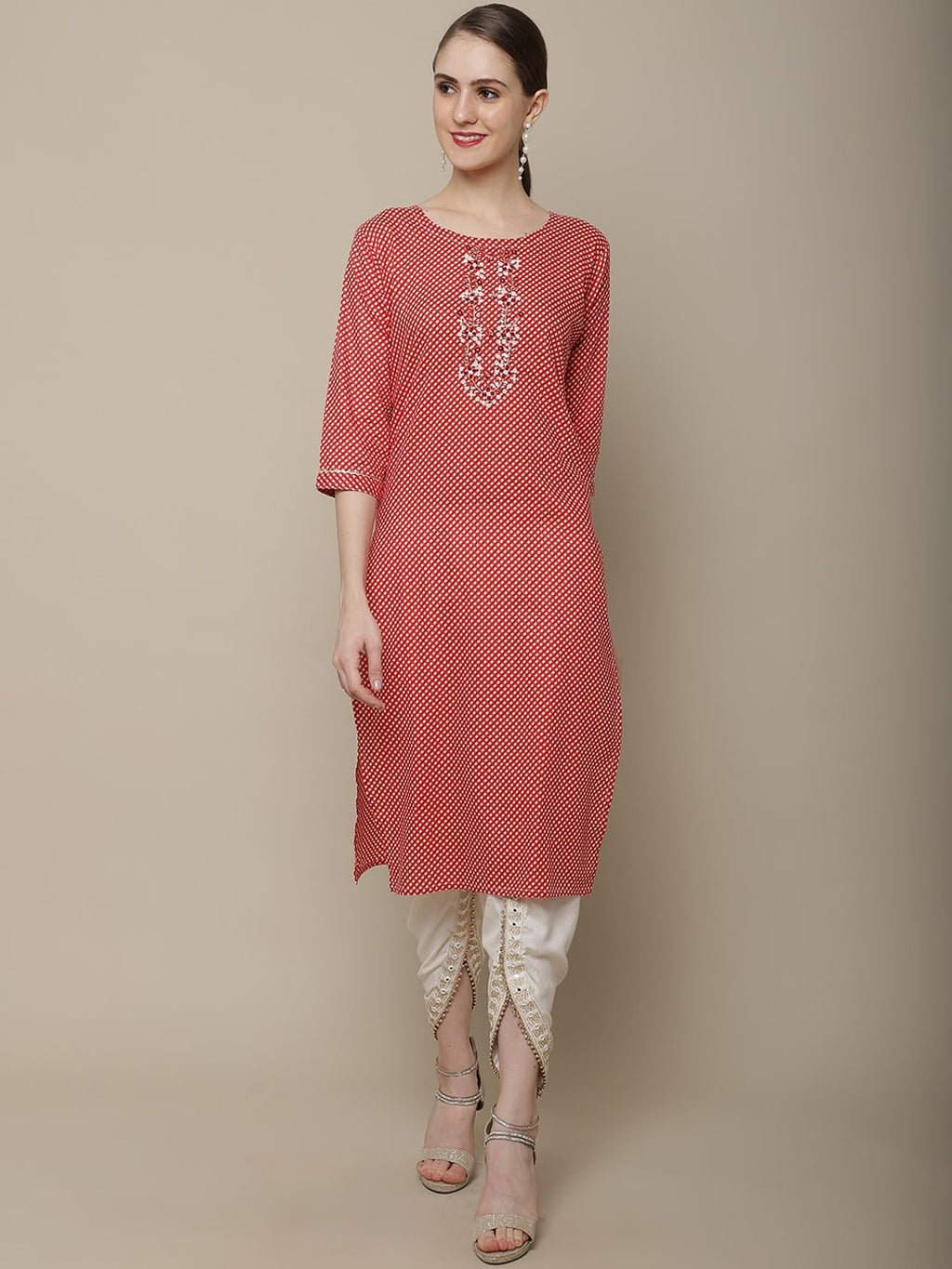 Sangria Women Red & White Cotton Checked Yoke Design Thread Work Kurta | Grocsy