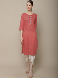 Sangria Women Red & White Cotton Checked Yoke Design Thread Work Kurta | Grocsy