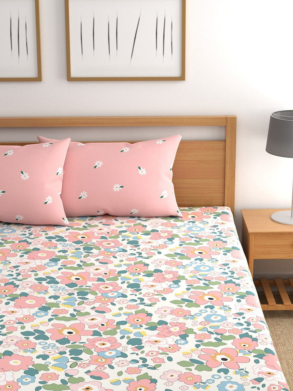 CHHAVI INDIA White & Pink Floral Ultra Soft 210 TC King Bedsheet with 2 Pillow Covers | Grocsy