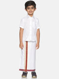 Sethukrishna Boys White & Red Pure Cotton Solid Shirt and Veshti Set | Grocsy