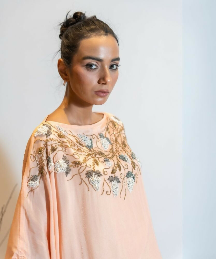 Timaraa Coral Peach Ombre Embellished Kaftan Dress | Grocsy