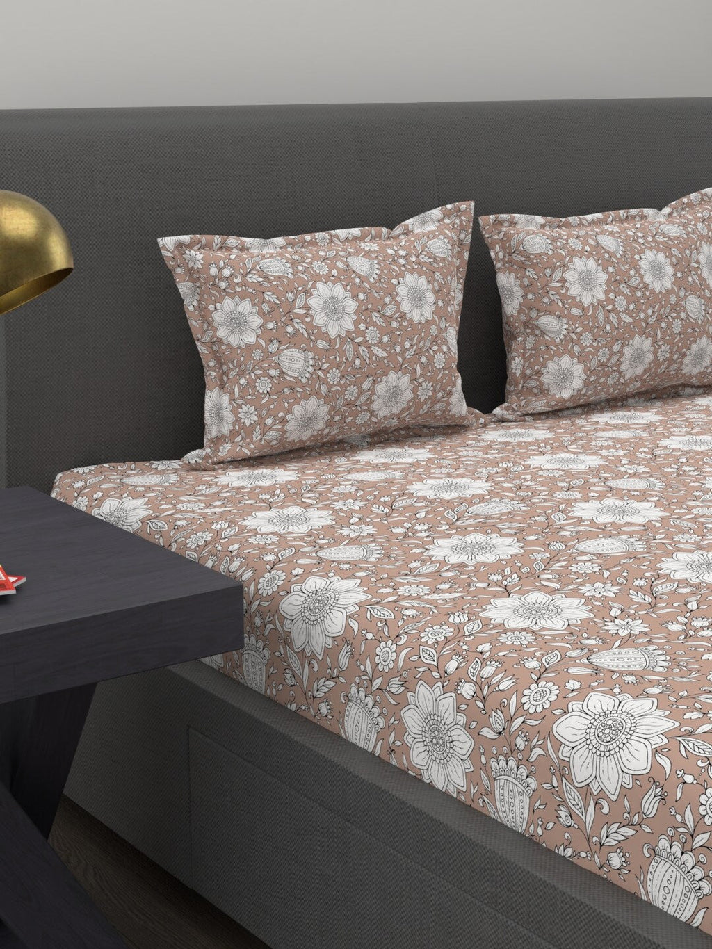 MYTRIDENT Brown White Ethnic Motifs 200 TC Cotton 1 King Bedsheet with 2 Pillow Covers | Grocsy