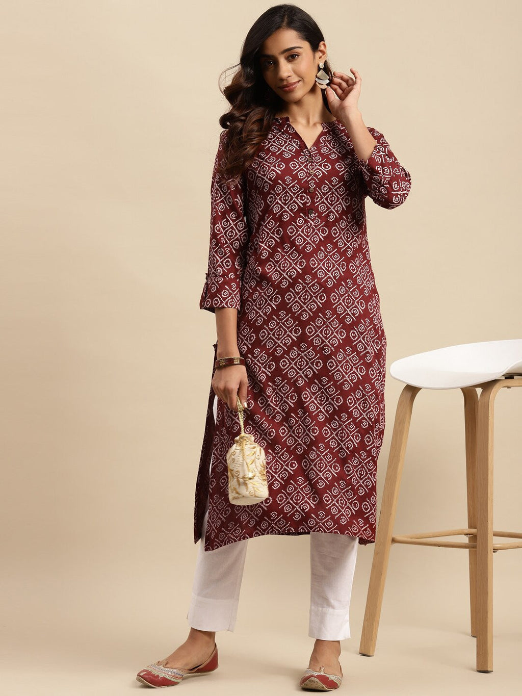 Sangria Maroon Bandhani Printed Pure Cotton Straight Kurta | Grocsy