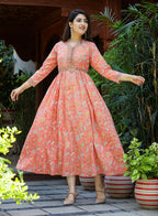 Kaajh Women's Light Orange Floral Handblock Printed Cotton Dress | Grocsy