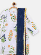 Ahalyaa White Cotton Straight Floral Printed Kids Kurta Pant Sets With Dupatta For Girls | Grocsy