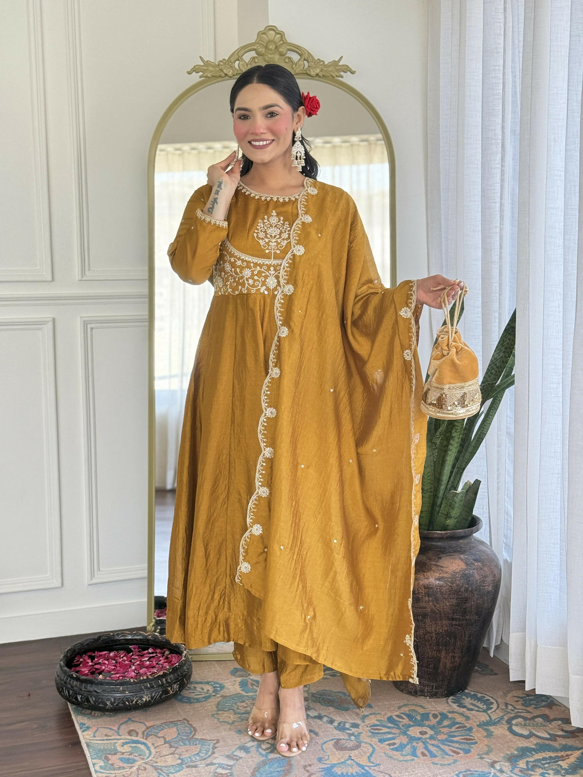 The52 Mustard Women's Gorgeous Embroidered Vichitra Silk Fabric Flared Kurta Pant with Dupatta Set | Grocsy